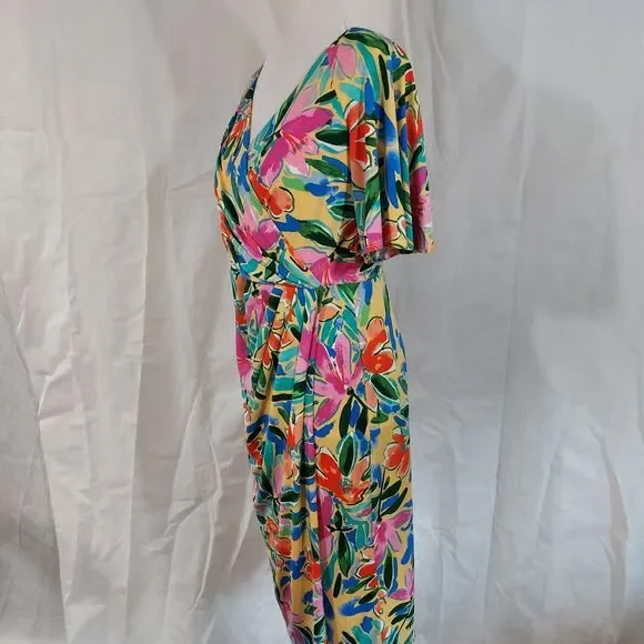 Maggy London Faux Wrap Dress Short Flutter Sleeves Womens Size 8 Colorful Floral - Picture 5 of 14